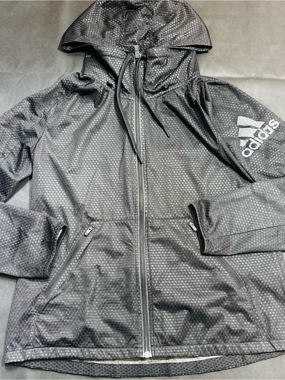 Adidas Hooded Windbreaker, Women’s, Thin/Lightweight. Black/Grey Size Medium